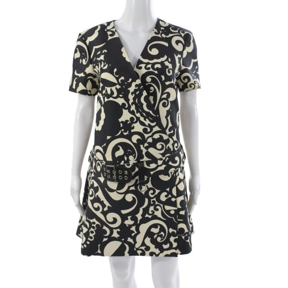Louis Vuitton Women Mini Dress Black V Neck Wool Buckle Size 40